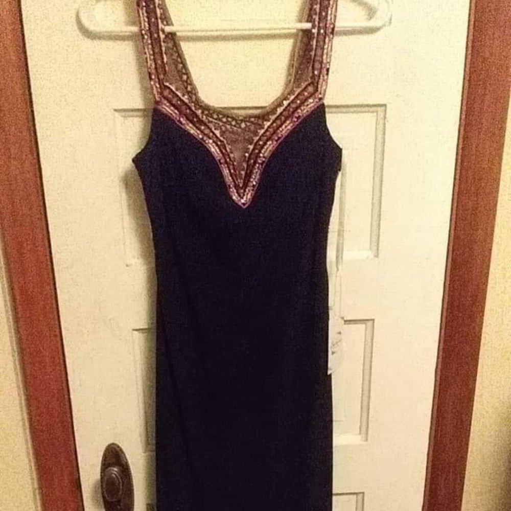 Navy blue gown w/train and pink embroidery